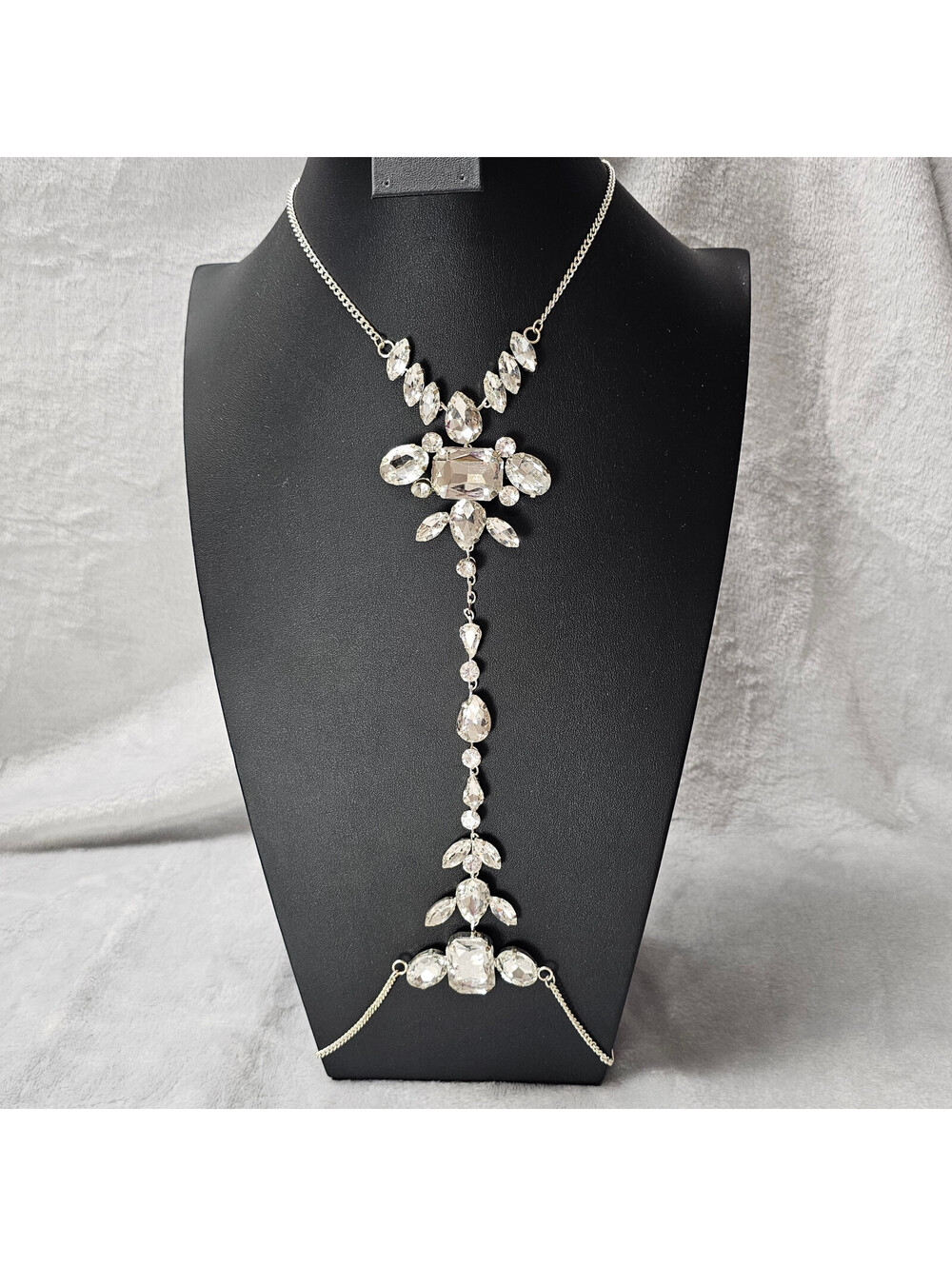Silver Tone Crystal Rhinestone Backdrop Body Chain Necklace Bridal Pageant